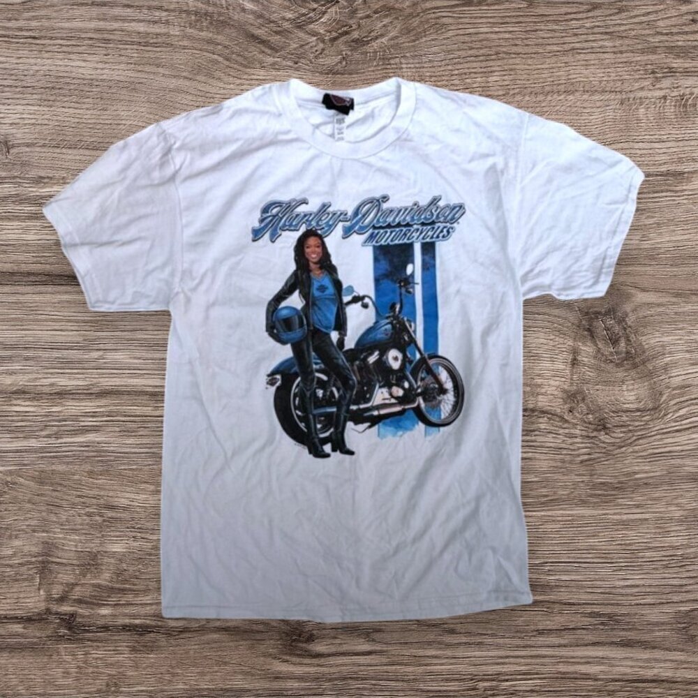 Harley Davidson Blue Pin Up Graphic Tee Classic Motorcycle White Shirt Mens L